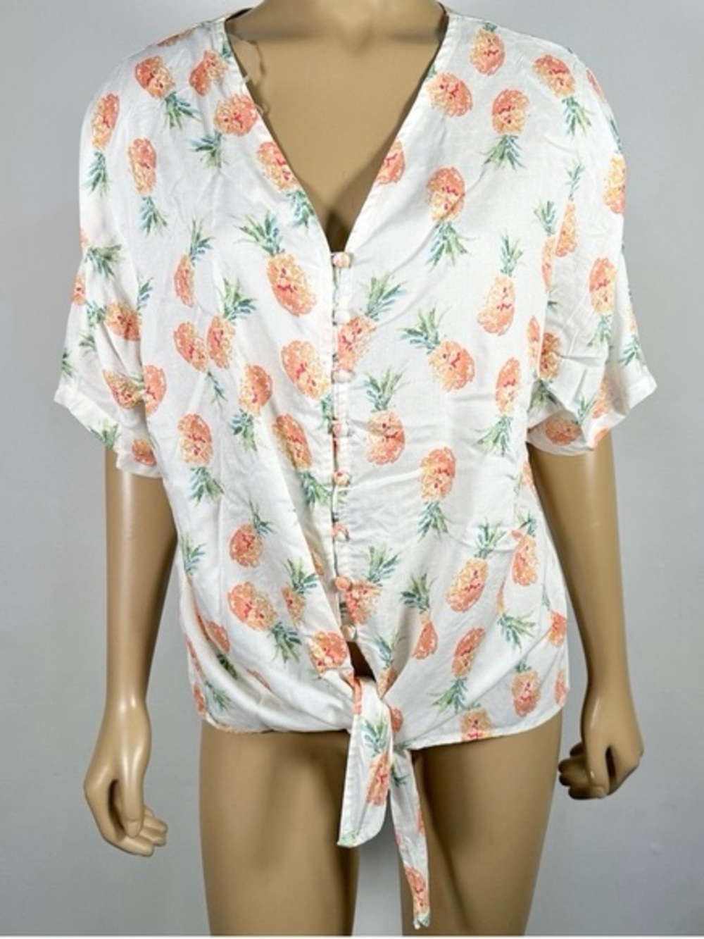 Beachlunchlounge pineapple Print button down tie front short sleeve top